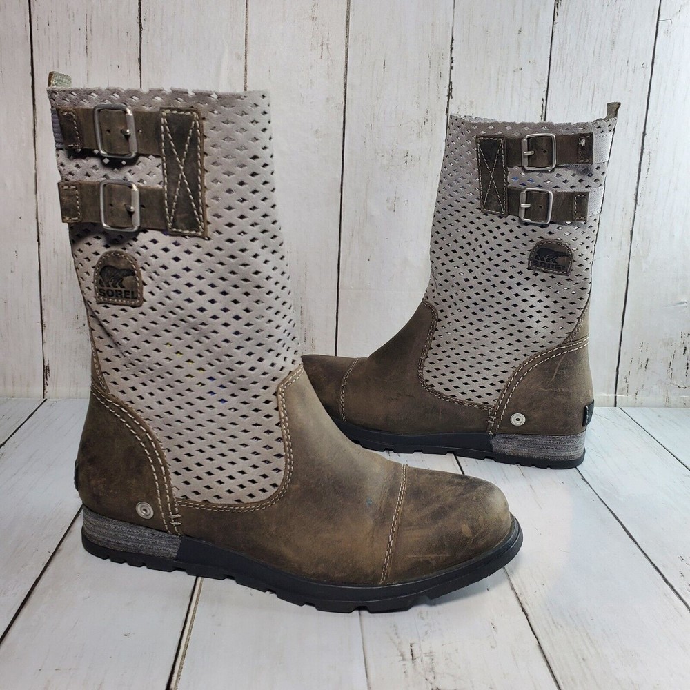 Sorel Major Pull On Boots Womens Sz 7.5 Taupe Grey Perforated Distressed Leather